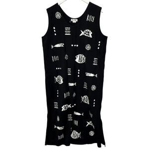 Vintage M. Max Sleeveless Black Dress Painted Fish Tribal Plus Size 1X long Art